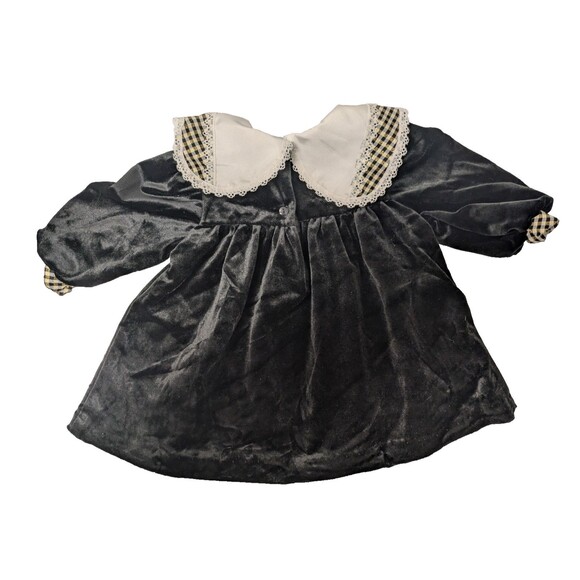 Vintage Little Precious Toddler Black Crushed Velvet Dress sz 2T Lace Plaid Gold - Picture 8 of 13